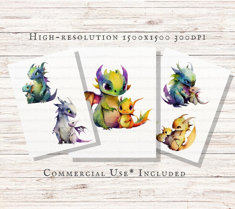 May include: Four digital illustrations of watercolor painted dragons. Each illustration features a parent dragon and a baby dragon. The dragons are in various colors, including green, blue, and purple.