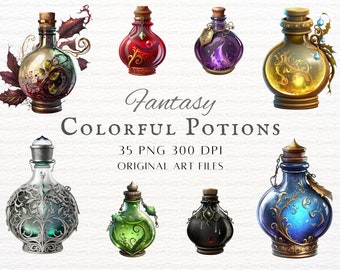 Colorful Potions 35pc PNG | Colorful Potions PNG | Colorful Potions Clipart | Magic Potion PNG | Wizard Potion Png | Wizard Potions Clipart