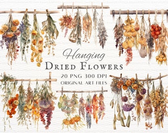 Dried Flowers 20pc PNG Bundle | Hanging Flowers PNG | Watercolor Dried Flowers PNG | Printable Hanging Flowers | Flowers Commercial Use Png