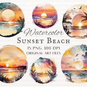 Sunset Beach 15pc PNG Bundle | Watercolor Sunset PNG | Watercolor Sunset Beach PNG | Sunset Commercial Use | Printable Sunset Beach Clipart
