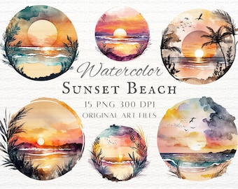 Sunset Beach 15pc PNG Bundle | Watercolor Sunset PNG | Watercolor Sunset Beach PNG | Sunset Commercial Use | Printable Sunset Beach Clipart