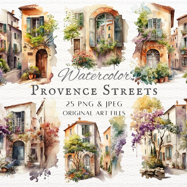 Provence Street Lot de 25 png et JPEG | Aquarelle Provence PNG | Clipart provençal | Provence Usage Commercial | Printable Provence Voir l'art