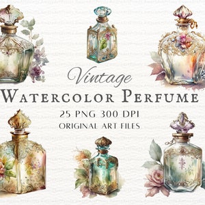 Pu&ograve; includere: Set di cinque illustrazioni ad acquerello di bottiglie di profumo vintage con dettagli decorativi e accenti floreali. Le bottiglie sono in varie tonalit&agrave; di blu, verde e oro. Il testo "Vintage Watercolor Perfume 25 PNG 300 DPI Original Art Files" &egrave; visualizzato sotto le bottiglie.