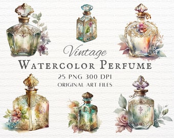 Vintage Perfume Clipart 25pc Bundle | Perfume Commercial Use | Vintage Perfume PNG | Vintage Perfume Art Clip | Watercolor Perfume Clipart