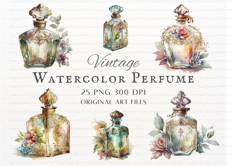 Pu&ograve; includere: Set di cinque illustrazioni ad acquerello di bottiglie di profumo vintage con dettagli decorativi e accenti floreali. Le bottiglie sono in varie tonalit&agrave; di blu, verde e oro. Il testo "Vintage Watercolor Perfume 25 PNG 300 DPI Original Art Files" &egrave; visualizzato sotto le bottiglie.