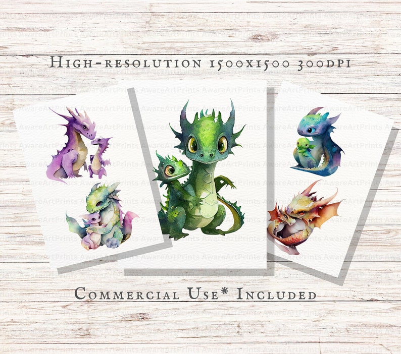 Watercolor Mom and Baby Dragon 15pc PNG Bundle | Mother's Day Dragons PNG | Mom Dragon PNG | Mom and Baby Dragon Commercial Use | Dragon Png image 2
