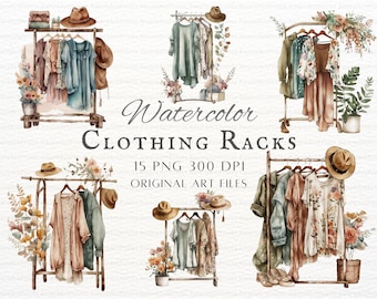 Fashion Clothing Rack 15pc PNG & JPEG | Watercolor Clothing Rack | Boho Clothing Rack PNG | Clothing Rack Commercial Use | Kawaii Fashion