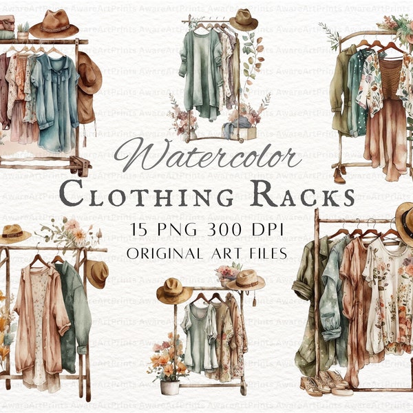 Fashion Clothing Rack 15pc PNG & JPEG | Watercolor Clothing Rack | Boho Clothing Rack PNG | Clothing Rack Commercial Use | Kawaii Fashion