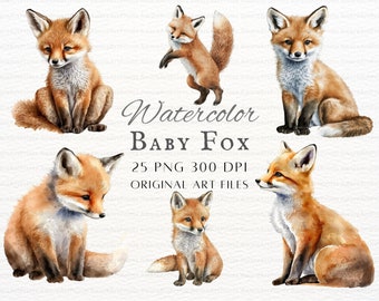 Watercolor Baby Fox 25pc PNG & JPEG | Fox PNG | Baby Fox | Watercolor Fox Baby Clipart | Watercolor Fox Commercial Use | Baby Fox Clipart