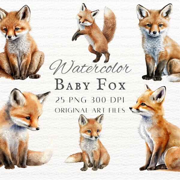 Watercolor Baby Fox 25pc PNG & JPEG | Fox PNG | Baby Fox | Watercolor Fox Baby Clipart | Watercolor Fox Commercial Use | Baby Fox Clipart