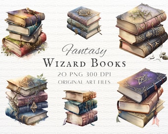 Magic Books Watercolor Clipart Bundle 20pc Digital PNG | Magical Tomes | Wizard Watercolor Clip Art | Fantasy Transparent Ephemera Bundle
