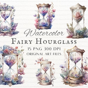 Fantasy Sanduhr 15 Stück PNG Bundle | Aquarell Sanduhr PNG | Fantasy Sanduhr PNG | Sanduhr Gewerbliche Nutzung | Florale Sanduhr zum Ausdrucken