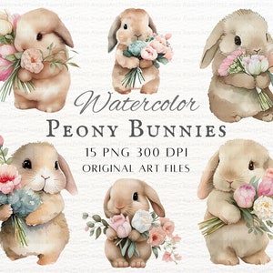 Peony Bunny 15pc PNG i JPEG | Akwarela Peony Bunny PNG | Kwiaty Peony Bunny Art | Kwiatowy Króliczek Do Użytku Komercyjnego | Urocze Króliczki Cricut Art