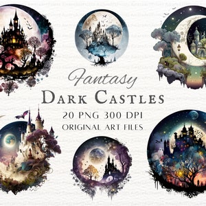 Puede incluir: Un conjunto de 20 ilustraciones digitales de castillos de fantas&iacute;a oscura en un escenario de luna creciente. Los castillos son detallados e intrincados, con una variedad de estilos arquitect&oacute;nicos. Las lunas est&aacute;n pintadas en un estilo acuarela, con una variedad de colores y texturas. Las ilustraciones son perfectas para usar en scrapbooking digital, creaci&oacute;n de tarjetas y otros proyectos creativos.