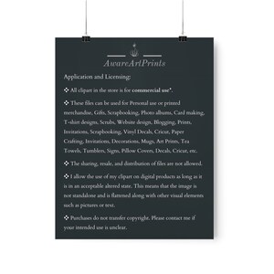 May include: Black and white text on a dark gray background outlining the terms of use for commercial and personal use of clipart. The text includes the phrase "Aware Art Prints".