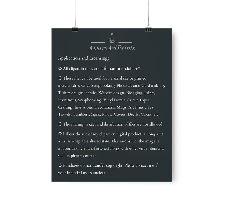 May include: Black and white text on a dark gray background outlining the terms of use for commercial and personal use of clipart. The text includes the phrase "Aware Art Prints".