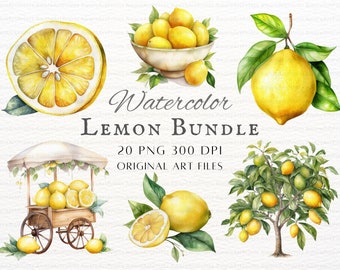 Lemon 20pc PNG & JPEG Bundle | Lemon Clipart | Lemonade Clipart | Lemon Tree PNG | Commercial Use | Watercolor Lemon | Printable Lemon Art