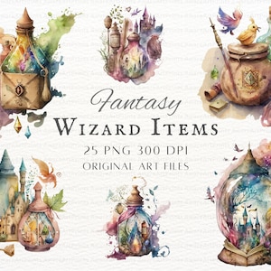 Lot de 25 cliparts d'objets magiques | Clipart fantaisie aquarelle | Aquarelle fantaisie PNG | Clipart d'objets magiques | Lot de cliparts d'objets magiques