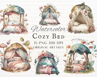 Puede incluir: Ilustración de acuarela de seis camas acogedoras con acentos florales y de hongos. Cada cama es una cama con dosel con una manta blanca suave y almohadas. Las camas están rodeadas de exuberante vegetación y flores.