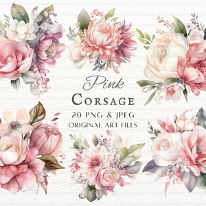 Lot de 20 corsages floraux roses PNG et JPEG | Corsage rose PNG | Fleurs de mariage roses | Clipart de mariage aquarelle | Utilisation commerciale rose