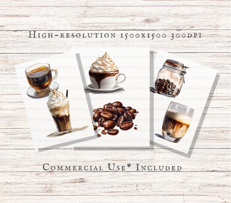 May include: Four digital illustrations of coffee drinks, including a cup of coffee with whipped cream and chocolate sauce, a glass of iced coffee, a glass of cappuccino, and a jar of coffee beans.