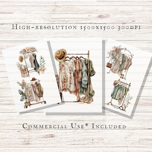 Fashion Clothing Rack 15pc PNG & JPEG Watercolor Clothing Rack Boho Clothing Rack PNG Clothing Rack Commercial Use Kawaii Fashion image 2