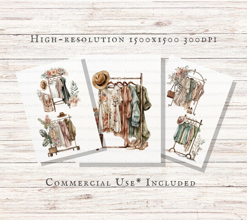 Fashion Clothing Rack 15pc PNG & JPEG Watercolor Clothing Rack Boho Clothing Rack PNG Clothing Rack Commercial Use Kawaii Fashion image 2