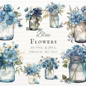 Blaue Blumen 20 Stück PNG & JPEG Bundle | Einmachglas Blumen PNG | Blaue Blumen Clipart | Blumen Clipart Kommerzielle Nutzung | Blue Flower Jar Clipart