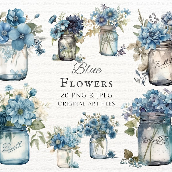 Blue Flowers 20pc PNG & JPEG Bundle | Mason Jar Flowers PNG | Blue Flowers Clipart | Flower Clipart Commercial Use | Blue Flower Jar Clipart