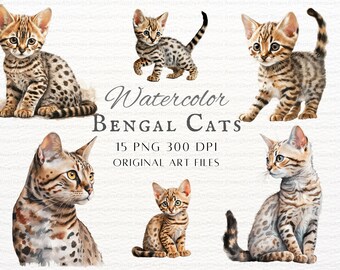 Watercolor Bengal 15pc PNG & JPEG | Watercolor Bengal Cat PNG | Bengal Cat Commercial Use | Watercolor Bengal Kitten Png | Bengal Clipart S2