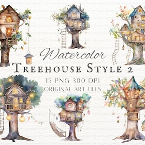 Watercolor Treehouse 15pc PNG Style 2 | Fantasy Treehouse PNG | Treehouse Printable Art | Treehouse Commercial Use | Watercolor Treehouses