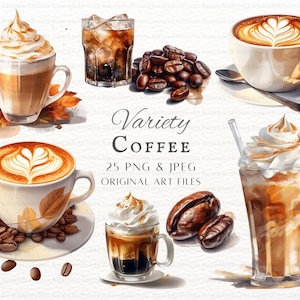 Paquete de café (25 piezas PNG y JPEG) / Café PNG / Clipart de granos de café / Uso comercial de café / Arte mural de café imprimible / Arte de café