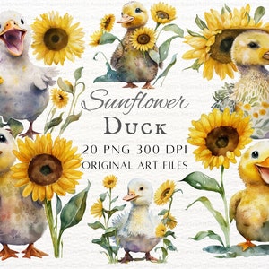Canard Tournesol 20pc PNG & JPEG | Canard Tournesol PNG | Vache à canard florale | Clipart de canard drôle | Canard aquarelle imprimable | Utilisation commerciale du canard