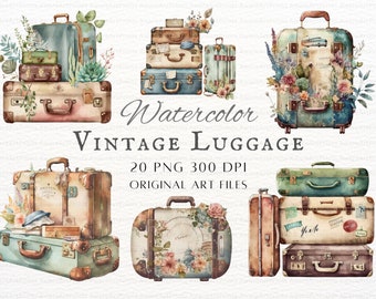 Vintage Luggage 20pc PNG & JPEG | Boho Luggage PNG | Retro Luggage Art | Vintage Luggage Commercial Use | Watercolor Luggage Printable Art