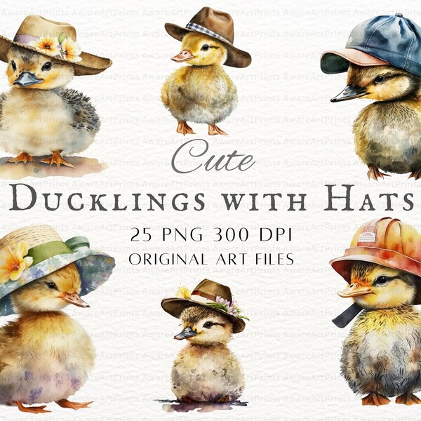 Ducklings with Hats 25pc PNG & JPEG | Cute Duckling | Watercolor Duckling PNG | Duckling Commercial Use | Duckling Clipart | Duckling Hat