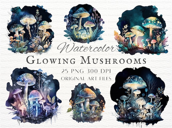 Glowing Mushrooms 25pc PNG | Fantasy Mushroom PNG | Glowing Mushroom PNG | Watercolor Mushroom Clipart | Mushroom Commercial Use | Mushroom