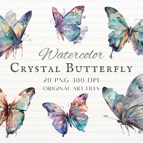 Watercolor Crystal Butterflies 20pc PNG & JPEG | Watercolor Butterfly Clipart | Watercolor Butterfly PNG | Printable Crystal Butterfly Art