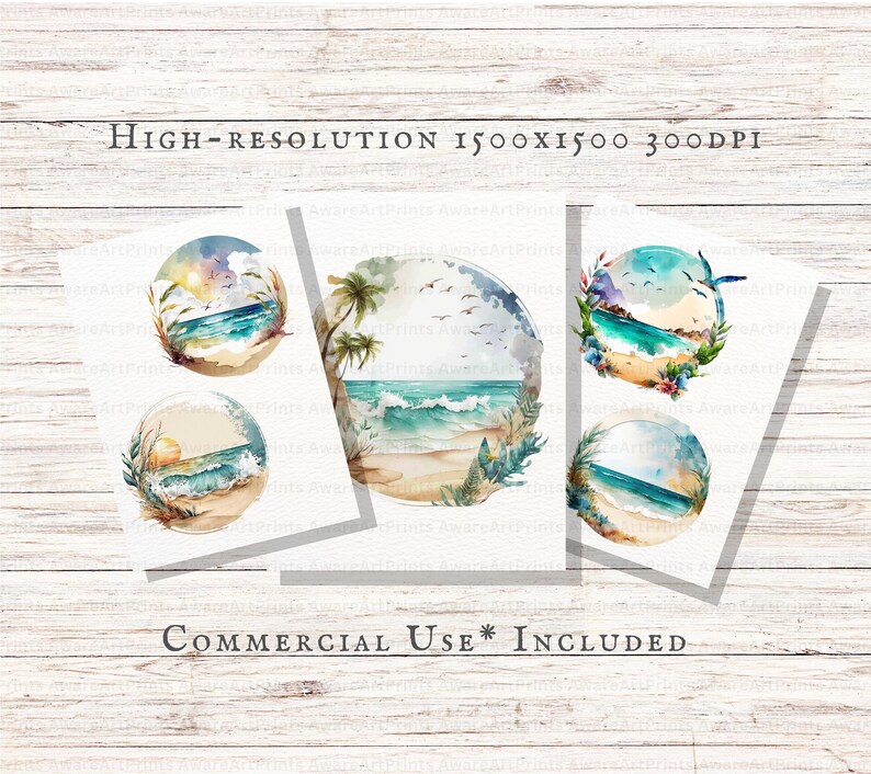 Peut inclure: Impressions de sc&egrave;nes de plage &agrave; l'aquarelle. L'image pr&eacute;sente plusieurs peintures rondes &agrave; l'aquarelle de sc&egrave;nes oc&eacute;aniques avec des palmiers, des vagues et des oiseaux. Le texte comprend "HIGH-RESOLUTION 1500X1500 300DPI" et "COMMERCIAL USE INCLUDED".
