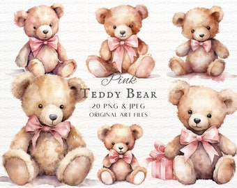 Teddy Bear Pink 20pc PNG & JPEG | Teddybear PNG | Teddy Bear Clipart | Pink Teddy Commercial Use | Printable Teddy Art | Watercolor Teddy