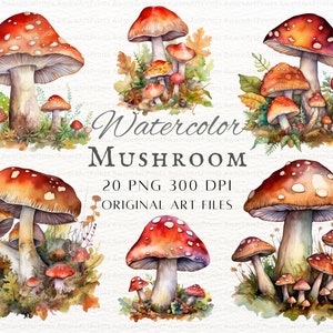 Woodland Mushroom 20pc PNG & JPEG Bundle | Watercolor Mushroom PNG | Fantasy Mushroom | Mushroom Commercial | Printable Woodland Mushroom