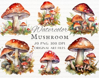 Woodland Mushroom 20pc PNG & JPEG Bundle | Watercolor Mushroom PNG | Fantasy Mushroom | Mushroom Commercial | Printable Woodland Mushroom