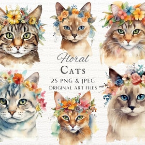 Floral Cat 25pc PNG & JPEG Bundle | Watercolor Floral Cat PNG | Kitten Flower Clipart | Cat Commercial Use | Printable Floral Cat Wall Art