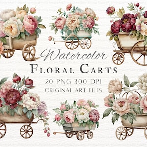 Vintage bloemenkarren 20pc PNG & JPEG | Bloemenkar PNG | Boho bloemsierkunst | Peony winkelwagen commercieel gebruik | Vintage pioen Clipart | Vintage winkelwagen