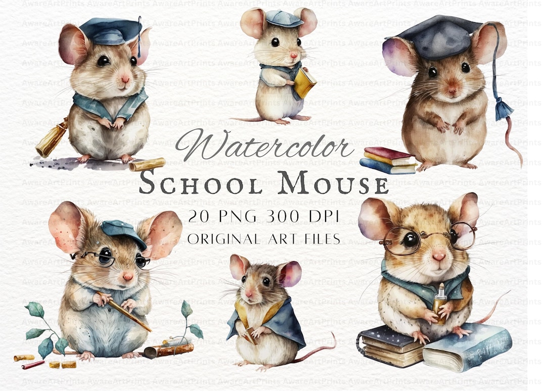 Academic Mouse 20pc PNG & JPEG Watercolor Fantasy Mouse PNG Professor