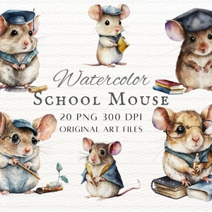 Souris Académique 20pc PNG & JPEG | Souris fantaisie aquarelle PNG | Professeur Souris Art | Clipart étudiant souris | Clipart de souris | Souris d'école