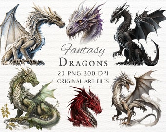 Paquete de 20 imágenes PNG y JPEG de dragones / Imágenes PNG de dragones / Uso comercial de dragones / Arte de diario basura de dragones / Imprimible de dragones / Cricut de dragones / Dragones