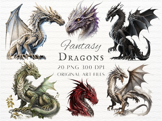 Dragons 20pc PNG & JPEG Bundle | Dragon PNG | Dragon Commercial Use | Dragon Junk Journal Art | Dragon Printable | Dragon Cricut | Dragons