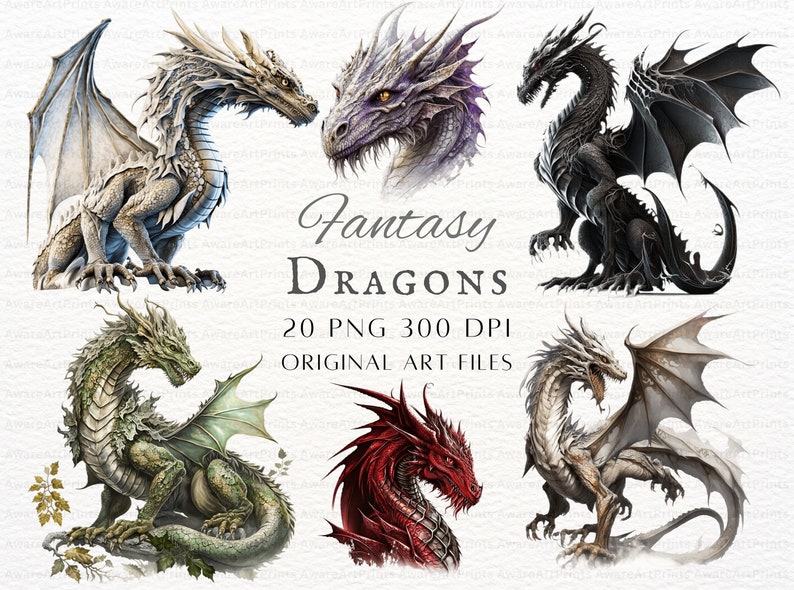 May include: A set of 20 digital illustrations of fantasy dragons in various poses and colours. The dragons are depicted in a realistic style with intricate details. The text "Fantasy Dragons 20 PNG 300 DPI Original Art Files" is displayed below the images.