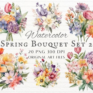 Watercolor Spring Bouquet 20pc PNG Set 2 Bundle | Spring Flowers PNG | Flower Bouquet PNG | Flowers Commercial Use | Printable Flower Art