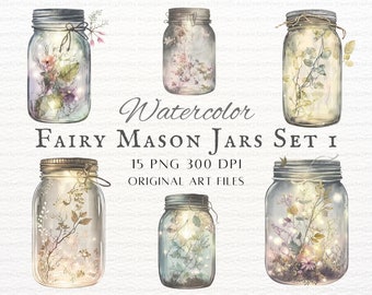 May include: Set of six watercolour illustrations of mason jars with glowing lights and floral elements inside. The jars are transparent with a light blue, green, and beige colour scheme. The text "Watercolor Fairy Mason Jars Set I 15 PNG 300 DPI Original Art Files" is displayed below the jars.